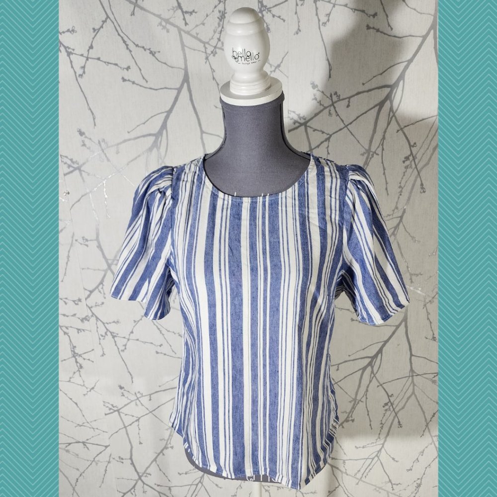 Cabi Blue Striped Linen Blend Puff Sleeve Blouse